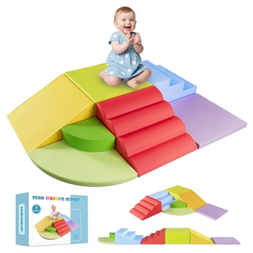 Image of WENKIP 7-Piece Foam Climbing Blocks for Toddlers & Babies 1-5: Ultimate Indoor Play Toy Set with Soft PU Leather, Safe Crawling, Walking & Sensory Motor Skills Activity Blocks
