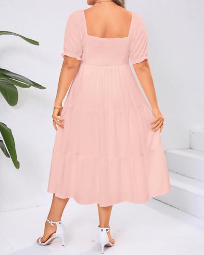 Image of Plus Size Summer Dresses - Sweetheart Neck Drawstring Puff Sleeve Casual Tiered Aline Flowy Midi Dress