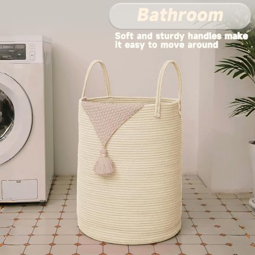 JMvicyroam Large Woven Laundry Basket Hamper,60L Cotton Rope Storage Bin for Blankets,Toys and Clothes,Decorative Tall Nursery Hamper for Living Room,Baby Nursery,Bathroom and Bedroom,Beige - 4