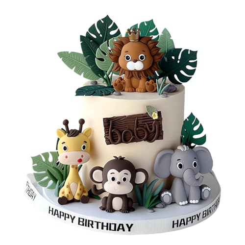 19 articoli Decorazioni Torta Compleanno Animali della Giungla, Set Topper Torta Finta Compleanno con Giraffa, Elefante, Leone e Scimmia, Decorazioni per Torte Bambini e Feste Safari per Ragazzo