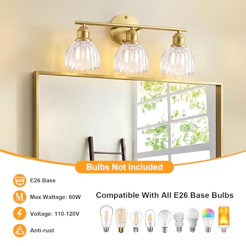Image of Bathroom Light Fixtures, 3-Light Brushed Gold Vanity Lights for Bathroom with Clear Tulip Glass Shade, 20 inch Vintage Bathroom Vanity Lighting Fixtures Over Mirror for Bedroom Living Room Hallway
