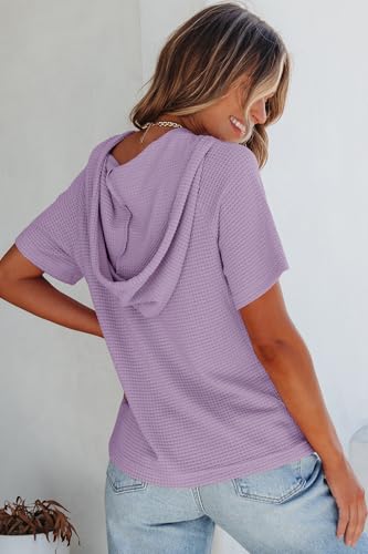 Image of Dokotoo Womens Summer Tops Waffle Knit Short Sleeve Lightweight Drawstring Hoodies Button V Neck Casual Blouses Shirts