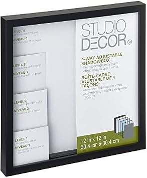 Studio Decor 12 x 12 Black Adjustable-Depth Shadow Box - Memory Box Display Case for Keepsakes, Mementos, and Memorabilia - 1-Pack