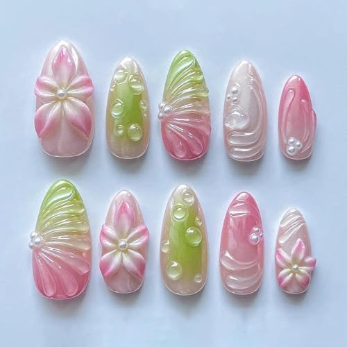 Pink Green Flower Pearl Press On Nails for Spring Events
