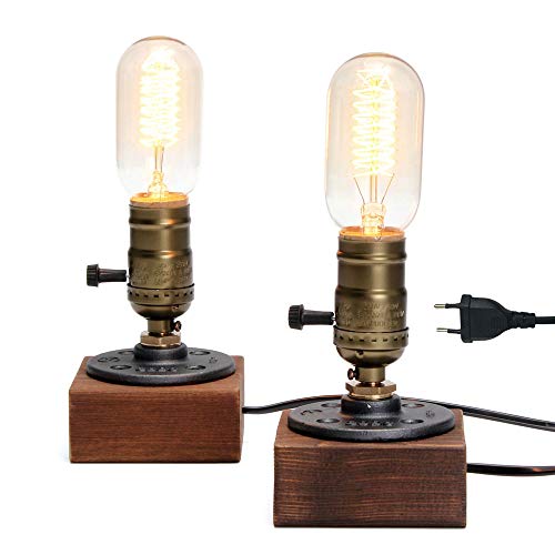 Lámpara de escritorio vintage 2 piezas industrial, E27 Vintage Steampunk Escritorio Lámpara con base de madera, enchufe, Oro Cover