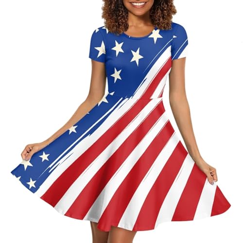Image of POLERO Women Puffy Swing Elegant Party Midi Dresses Short Sleeve Round Neck A-Line Dress