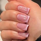 Gentle Claws Press On Nails - Dusty Pink | Glossy Finish Pink Glitter with French Tips | Medium Short Coffin Nails for Women and Girls, 24 Pcs Reusable Fake Nails