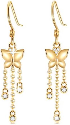 SISGEM Elegant Butterfly Tassel Earrings for Women - Genuine 14K Gold Moissanite Butterfly Heart-Shaped Drop Dangle Hoop Earrings - Cute Stud Earrings for Women or Girls - Yellow
