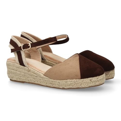 shoes&blues.es 101245 Sandalia de Cuna de Yute para Mujer, Comodas y Elegantes, Diseno Moderno con Tira Decorativa en el Talon y Cierre de Hebilla. Marron Talla 39