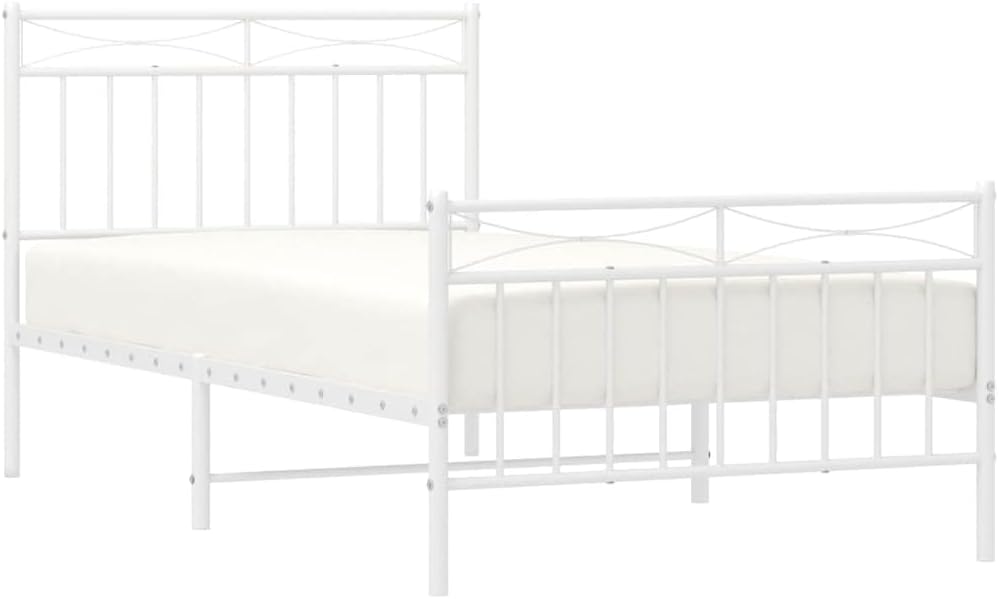 Bed Frame White Powder-Coated Steel Sturdy Platform Foundation 39.4 x 74.8 in Single Bed Frame Modern Minimalist Bedroom Mattress-Support Furniture