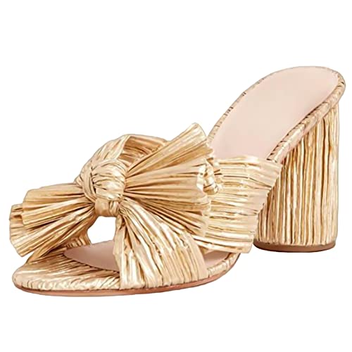 Image of MICIFA Women's Bow Heeled Sandals Slip On Open Toe Block Chunky Heel Sandals Bride Wedding Dress Shoes