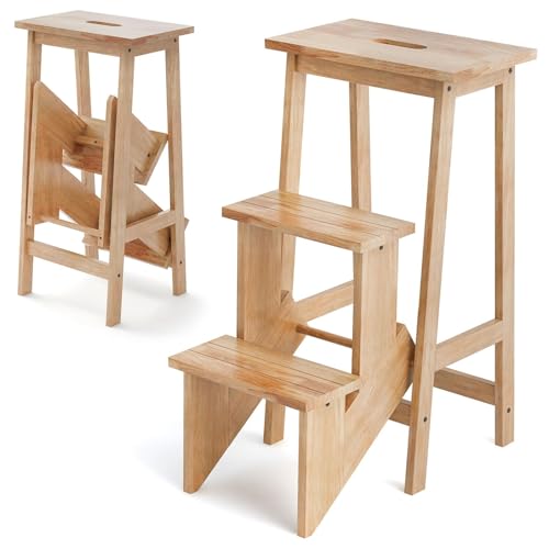 Costzon Folding Step Stool 3 Tier Wood Ladder, 3-in-1 Design with Ladder, Stool and Storage Shelf, Multifunction Pine Wood Foldable Ladder for Home, Library, 353lbs Capacity (Natural)