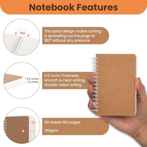 Spiral Notebook, 5 Pack Small Pocket Size Notebooks for Writing Drawing Note Taking, 3.5”x5.5”, 180 Ruled Pages, 90 Sheets