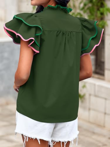 Image of Tankaneo Womens Ruffle Sleeve Boutique Babydoll Tops Summer V Neck Blouse Color Block Dressy Casual Loose Fit Shirts