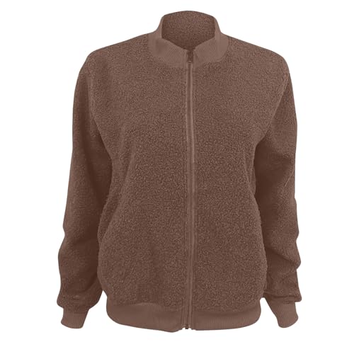 KOG Fleecejacke für Damen Winterjacke Warm Vliesjacke Fleecejacken Einfarbige Oberteil Frauen Herbstjacke Trenchcoat Puffer Jacke Softshelljacken Wanderjacke Softshellmantel Braun L