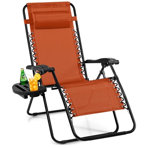 Image of Giantex Zero Gravity Reclining Chair, Outdoor Patio Recliner with Cup Holder & Removable Pillow, Adjustable Backrest, Indoor Lounge Chair for Backyard, Garden, Poolside (Orange)