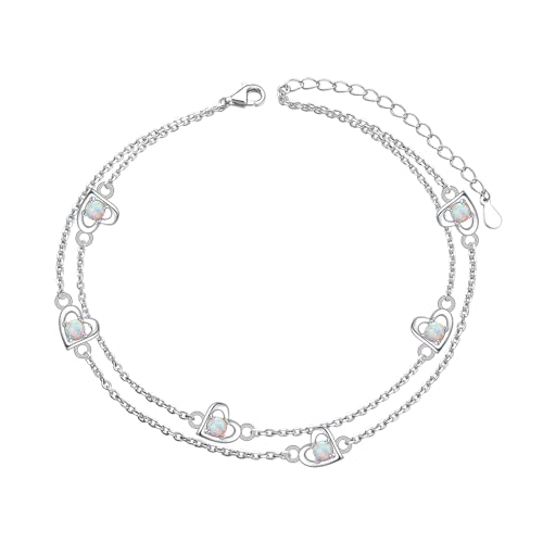 Image of Flyow Anklet for Women S925 Sterling Silver Adjustable Foot Beaded Heart Charm Ankle Bracelet Anklets Jewelry