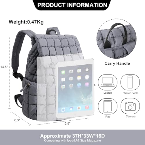XSUIOY Quilted Backpack Purse for Women Small Lightweight Puffer Puffy College Laptop Backpack Nylon Casual Bookbag Daypack Top Flap Drawstring Padding Hiker Travel Gym Backpack(Grey)3