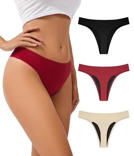 Period Thong Underwear for Women, Leakproof Reusable Washable Menstrual Seamless Bikini Panties 3 Pack