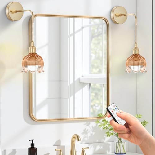 Image of Battery Operated Wall Sconces CCT Dimmable Wireless Sconces Set of 2, Vintage Light Fixture with Amber Flower Glass Lampshade Wall Decor Set of 2 for Living Room Bedroom Bedside Bathroom