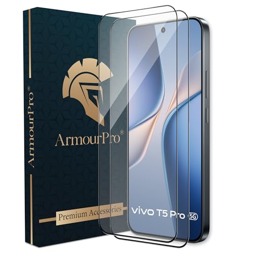 Image of ArmourPro Tempered Glass for Vivo T5 Pro - 9H Anti Scratch Screen Protector, Edge to Edge Coverage, HD Clarity, Smooth Touch, Case Friendly | Black, Pack of 2