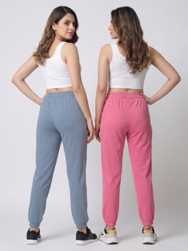 Image of Fflirtygo Cotton Solid Joggers /Track Pant /Solid Pajama /Leggings �100% Export Quality Soft Cotton Night Wear /Pocket Pyjama for Women Combo Pack of 2Pcs, Blue and Grey