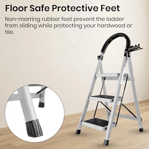 Image of Norman Jr White 3 Step Ladder for Home Use with Built-in Tool Tray | Heavy Duty D Shape Rods | Ultra Large Platform | Wide Rubber Feet | 150Kg Capacity Foldable Ladder - 7 Years Warranty