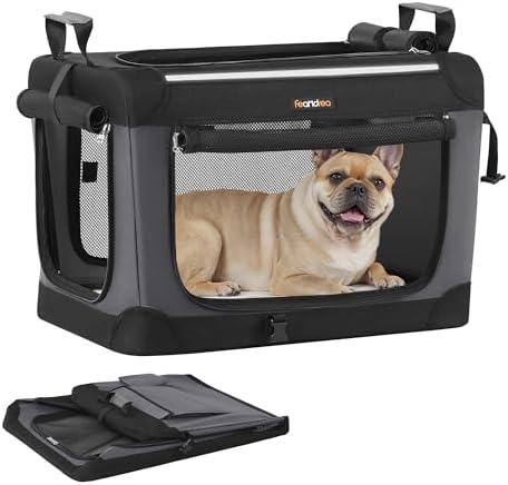 Feandrea Transportín para Perros, Plegable, 60 x 42 x 42 cm, para Perros Pequeños, Tela Oxford, Puertas de Malla, Asas y Bolsillo de Almacenamiento, Negro Tinta PDC016B01