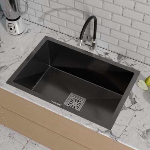 Image of HARDSTONE Premium Kitchen Sink | Single Bowl 24x18x9 Inch | Handmade Heavy Duty Stainless Steel Kitchen Basin with Matte Black Finish | Includes Waste Hose Pipe, Coupling & Compact Drying Rack | BLACK