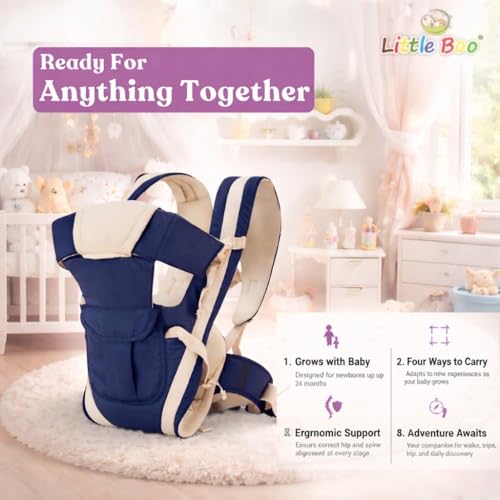 Image of LittleBoo New Born Baby Carrier Bag 4-in-1 Adjustable Baby Sitting Carrier Bag - Front & Back Carry with Head Support, Safety Belt & Buckle Straps for 0-24 Months (Navy Blue)