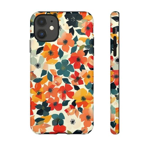 Coque rigide brillante iPhone 11 orange motif floral et géométrique