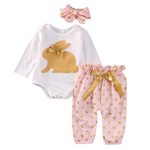 SCFEL Neonata appena nata del bambino Coniglio Stampa pagliaccetto + Dot pantaloni + fascia che coprono le Outfits (Stampa del coniglio, 0-3 Mesi)