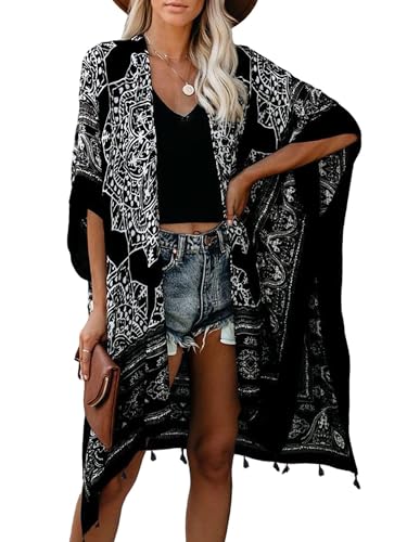 Breezy Lane Cache-maillot de bain, kimono pour femmes, cardigan, vêtement de plage, imprimé floral bohème, a noir, Taille unique