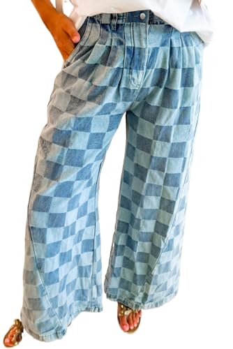 Women's Dusk Blue Checkered Denim Wide Leg Jeans