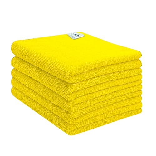 Image of SOFTSPUN Microfiber Cleaning Cloths, 5pcs 40x40cms 340GSM Yellow! Highly Absorbent, Lint and Streak Free, Multi -Purpose Wash Cloth for Kitchen, Car, Window, Stainless Steel, Silverware.