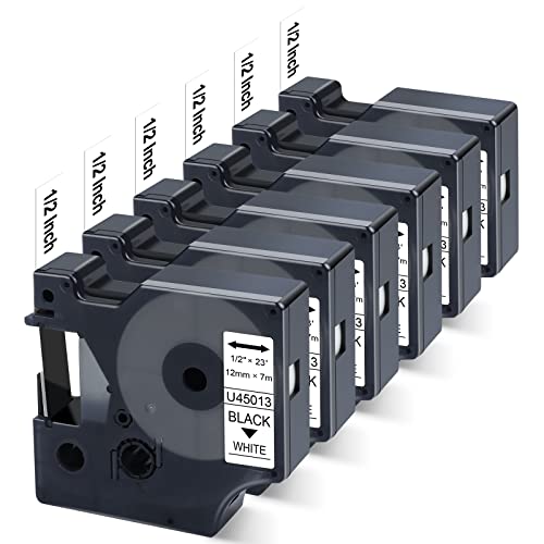 Unismar Compatible With Dymo D1 Label Tape 45013 A45013 S0720530 For Dymo Label Maker Refill Replacement For Dymo Labelmanager 160 210D 260P 280 360D 420P Pnp, 1/2 Inch X 23 Ft, Black On White, 6 Pack #TOP4