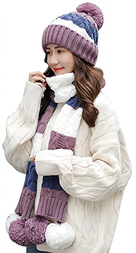 Womens Fleece Lined Winter Beanie Cap Scarf Set Warm Beanie Hat Thick Chunky Girls Soft Skull Hat with Pompom