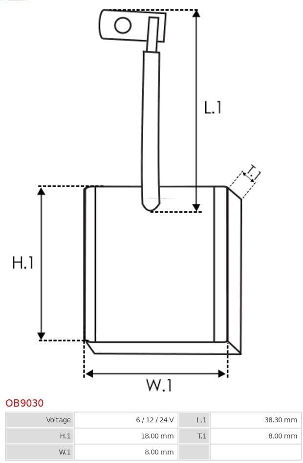 Technical drawing of AS OB9030 carbon brush with dimensions