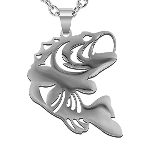 Wchama Bass Fishing Pendant Necklace for Men Women Largemouth Fish Fisherman Stainless Steel Charm Chain Jewelry