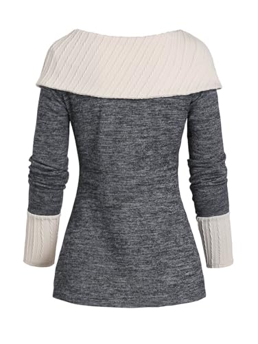 Image of ZEZCLO Women's Twisted Cable Knit Plaid Print Hooded Sweater Mock Button Ruched Shawl Neck Knit Top
