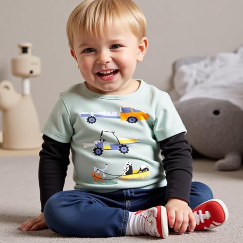 Little Bitty Boys Long Sleeve T Shirts Three Car Patterns Black and Mint Green Color Combo 2-8Y2