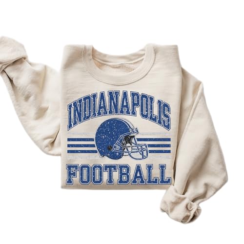 DAYLEA Distressed Indianapolis Football Sweatshirt | Vintage Style College Game Day Crewneck for Women | Retro Sport Pullover (Sand Large)
