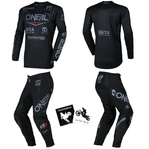 MX Outfit O'Neal Element Brand Black Gray Men (W32/Medium) Protective Pants Jersey motocross dirt bike off-road bundle combo set