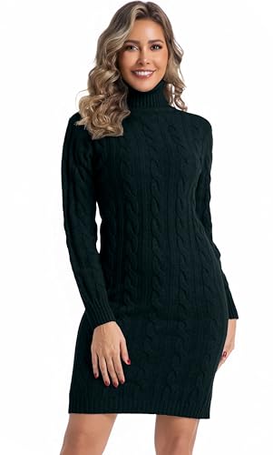 Avancel Damen Rollkragen Kleid Zopfmuster Basic Kleid Herbst Winter Warm Strickkleid Elegant Kleider Schwarz M