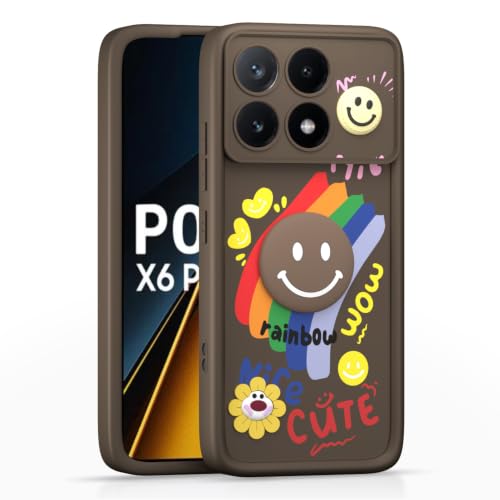 Image of Pikkme Back Cover for Poco X6 Pro 5G | Soft Silicone| Cute Rainbow Smile & 3D Cartoon Flower Design | Shockproof Raised Camera Protection Bumper Case (Brown)
