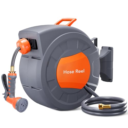 GAOMON Retractable Garden Hose Reel - 1/2 in x 100 ft, Wall Mounted, 9-Function Sprayer, Any Length Lock, 180° Swivel, Automatic Rewind & Slow Return System 100FT