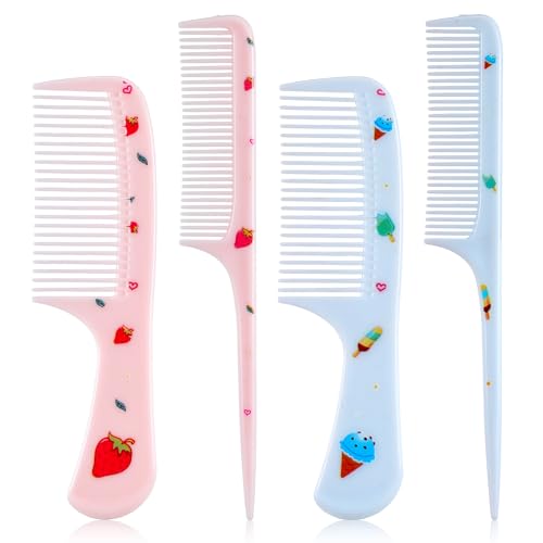 Toddler Hair Comb, 4 Pcs Cute Hair Comb Set Plastic Fine Tooth Rat Tail Combs Portable Detangling Comb for Women Girls All Hairs Types Long Short Wet Dry Curly Straight (Blue, Pink)