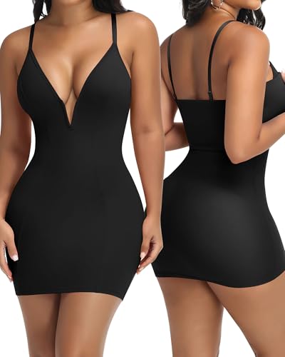 SHAPERIN Deep V Neck Mini Dress for Women Built-in Shapewear Slip Plunge Bodycon Corset Dresses Club Cocktail (Medium,Black)