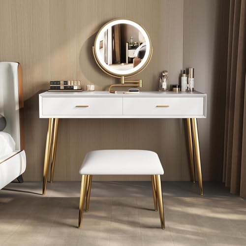 Mesa de maquillaje iluminada para dormitorio tocador blanco compacto con taburete cómodo 2