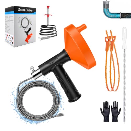 Drain Snake Auger, Plumbing Snake Drain Hair Clog Removal Tool, Sink Unclogger Drain, Heavy Duty Drum Auger, Cleaner Tool for Bathroom Kitchen Tub Shower Drain Clog Remover with Gloves (33 Feet)
